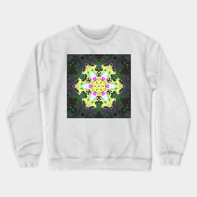 Psychedelic Kaleidoscope Flower Yellow and Pink Crewneck Sweatshirt by WormholeOrbital